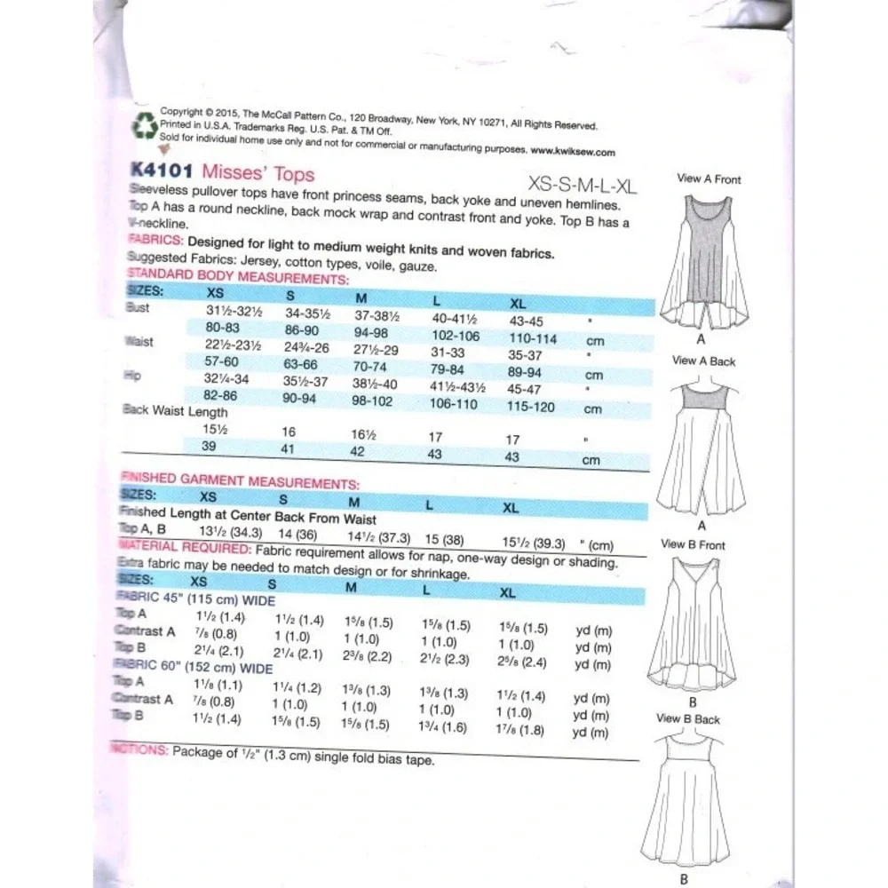 Kwik Sew K4101 Misses Sleeveless Pullover Tops Sewing Pattern XS-XL V-Neck Tank